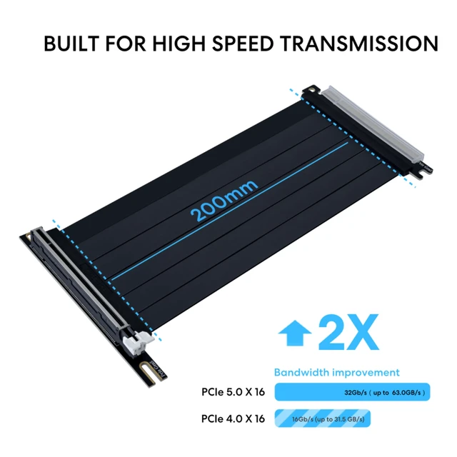 Alt view image 3 of 7 - PCIe 5.0 x16 Riser Cable, 200mm GPU Extension, Black (PW-PCI-520X) PCIe 5.0 x16 riser delivers up to 32Gbps, supports RTX 50/40 and Radeon RX 9000/7000 GPUs, and is backward compatible
