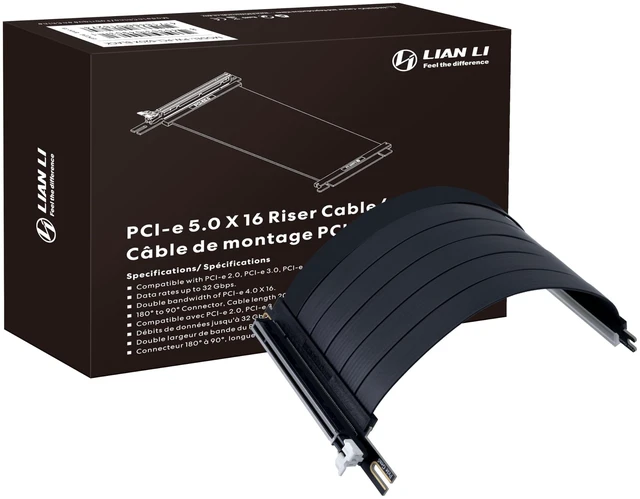 Main image of PCIe 5.0 x16 Riser Cable, 200mm GPU Extension, Black (PW-PCI-520X) PCIe 5.0 x16 riser delivers up to 32Gbps, supports RTX 50/40 and Radeon RX 9000/7000 GPUs, and is backward compatible