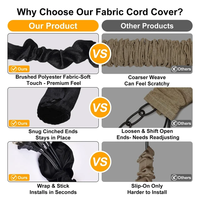 Alt view image 4 of 7 - Chandelier Black Cord Cover 2 Pack Touch Fasteners 70.8inches,Brushed Polyester Fabric Chain Sleeve for Chandelier Chain Cover Decorative TV Wire Hider Easy Install Convenient for Wire Management