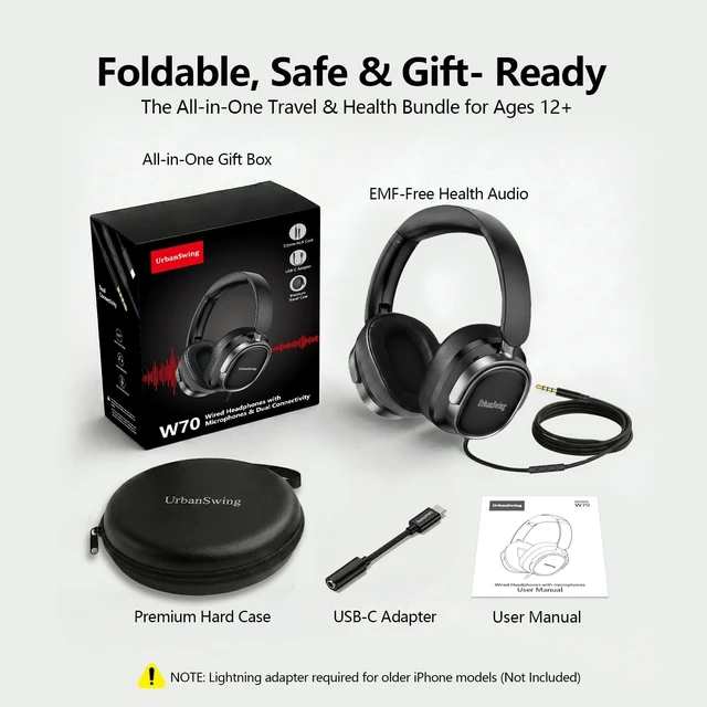 Alt view image 6 of 7 - Premium Wired Headphones with Mic, 3.5mm AUX Cord and USB-C Adapter Hard Case Included, Inline Control, 4.9ft Long Wire, for iPhone 17 16 15, iPad, Samsung, Laptop, PC, UrbanSwing W70 Bundle