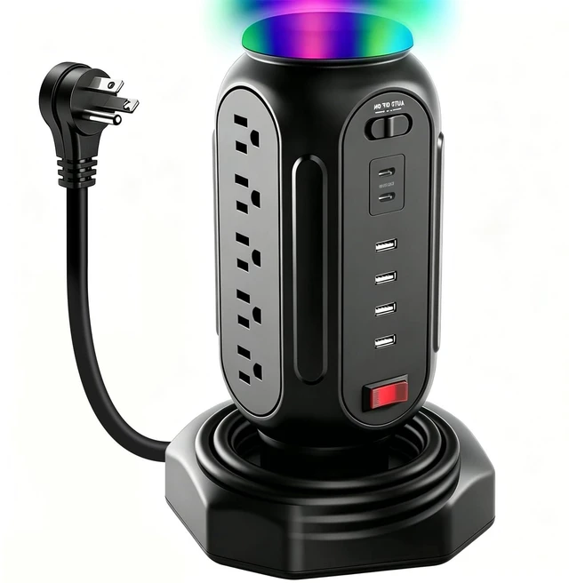 Main image of Power Tower with Retractable Cord, Surge Protector Tower with PD 30W USB-C (Single Port 30W/2 Ports 15W Each), 15 AC Outlets, 6.5ft Flat Plug, High-Power Fast Charging Station for Home and Office