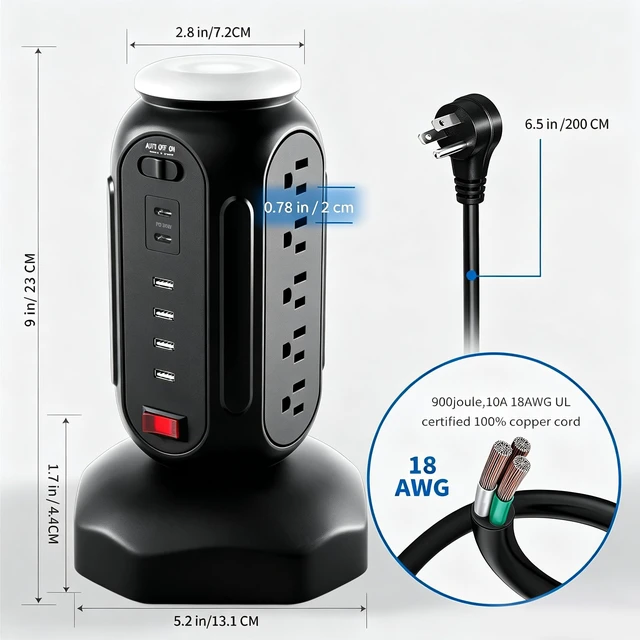 Alt view image 3 of 7 - Power Tower with Retractable Cord, Surge Protector Tower with PD 30W USB-C (Single Port 30W/2 Ports 15W Each), 15 AC Outlets, 6.5ft Flat Plug, High-Power Fast Charging Station for Home and Office
