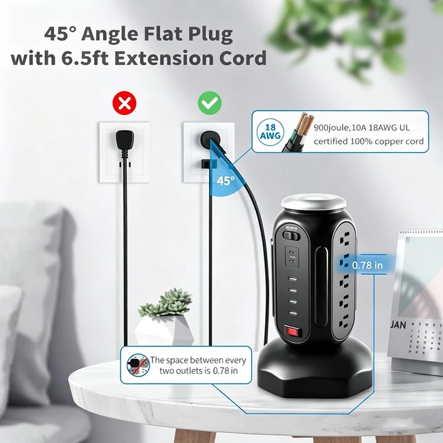 Alt view image 5 of 7 - Power Tower with Retractable Cord, Surge Protector Tower with PD 30W USB-C (Single Port 30W/2 Ports 15W Each), 15 AC Outlets, 6.5ft Flat Plug, High-Power Fast Charging Station for Home and Office