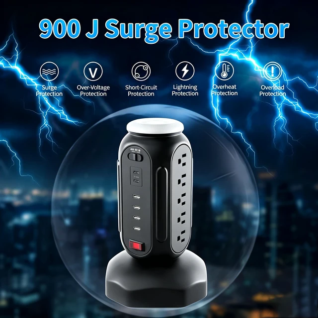 Alt view image 7 of 7 - Power Tower with Retractable Cord, Surge Protector Tower with PD 30W USB-C (Single Port 30W/2 Ports 15W Each), 15 AC Outlets, 6.5ft Flat Plug, High-Power Fast Charging Station for Home and Office