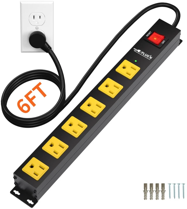 Main image of Power Strip 2700J Surge Protector, 6 Outlet Heavy Duty Power Strips with Flat Plug and 6FT Long Cord, Wall Mountable Metal Outlet Strip for Desk, Garage, Workbench and Kitchen