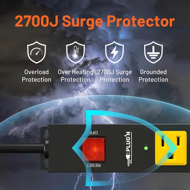 Alt view image 4 of 7 - Power Strip 2700J Surge Protector, 6 Outlet Heavy Duty Power Strips with Flat Plug and 6FT Long Cord, Wall Mountable Metal Outlet Strip for Desk, Garage, Workbench and Kitchen