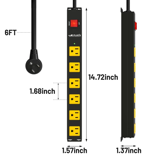 Alt view image 7 of 7 - Power Strip 2700J Surge Protector, 6 Outlet Heavy Duty Power Strips with Flat Plug and 6FT Long Cord, Wall Mountable Metal Outlet Strip for Desk, Garage, Workbench and Kitchen
