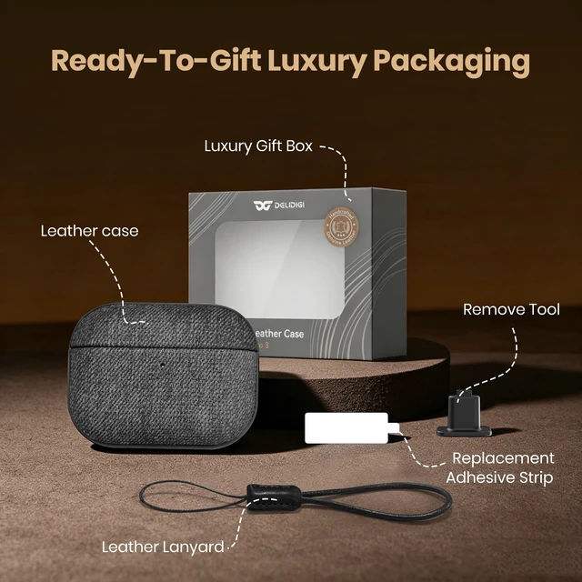 Alt view image 6 of 7 - Magnetic Lid Vegan Leather Case for AirPods Pro 3 (2025) Handmade Woolen Fabric Cloth Style Hard Cover with Lanyard for AirPods Pro 3rd Generation, Wireless Charging Compatible
