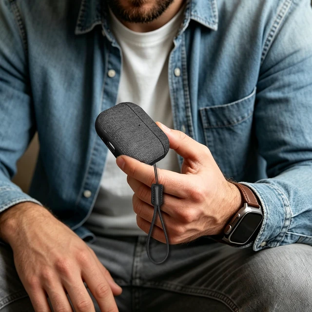 Alt view image 7 of 7 - Magnetic Lid Vegan Leather Case for AirPods Pro 3 (2025) Handmade Woolen Fabric Cloth Style Hard Cover with Lanyard for AirPods Pro 3rd Generation, Wireless Charging Compatible