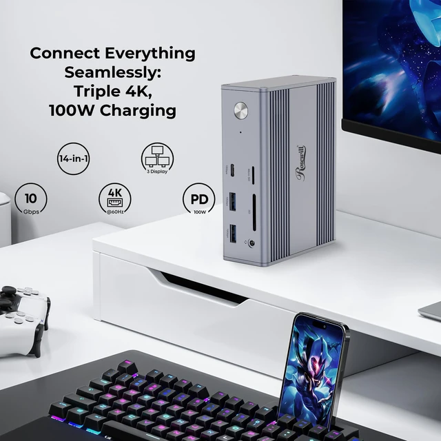 Alt view image 3 of 5 - 14-in-1 USB C Laptop Docking Station, 100W PD Charging, 4K@60Hz Display, Triple 4K Display HDMI,10Gbps Transfer & Ethernet, Mac, Android, Windows/Dell/HP/Lenovo/Asus/Acer/ (Include Charger)