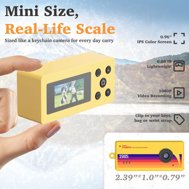 Alt view image 5 of 7 - Mini Keychain Digital Camera, Bag Charm, for Travel, Kids, Gifts (Yellow) 32GB Card, Small Vintage 1080P Video Camera, Portable Tiny Camera, for Beginners Teens and Adults