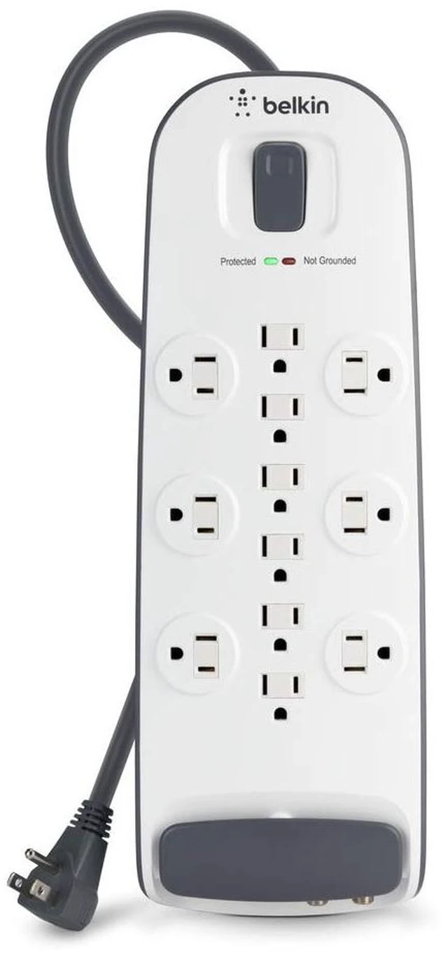 Main image of 12-Outlet Surge Protector Power Strip, 3000J, 8ft Cord, Angled Plug grounded 3-prong outlets, coax and telephone line protection, home office, entertainment center