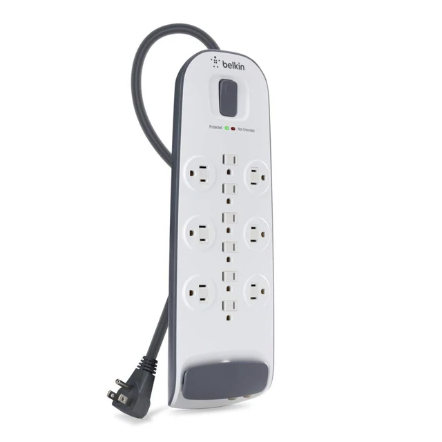 Alt view image 2 of 7 - 12-Outlet Surge Protector Power Strip, 3000J, 8ft Cord, Angled Plug grounded 3-prong outlets, coax and telephone line protection, home office, entertainment center