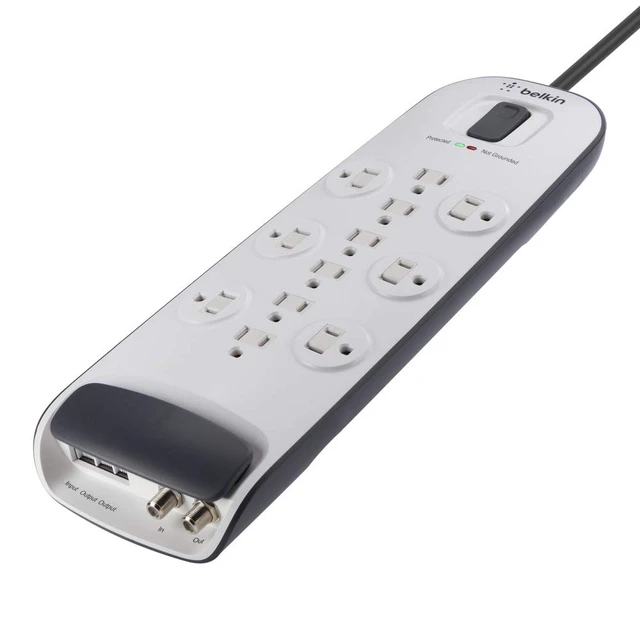 Alt view image 3 of 7 - 12-Outlet Surge Protector Power Strip, 3000J, 8ft Cord, Angled Plug grounded 3-prong outlets, coax and telephone line protection, home office, entertainment center
