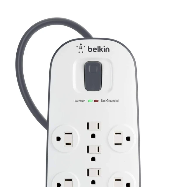 Alt view image 5 of 7 - 12-Outlet Surge Protector Power Strip, 3000J, 8ft Cord, Angled Plug grounded 3-prong outlets, coax and telephone line protection, home office, entertainment center