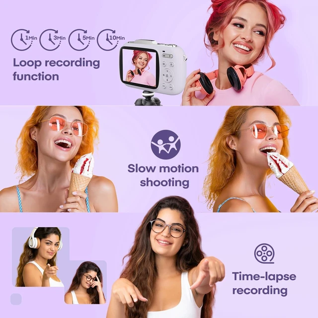 Alt view image 4 of 7 - Digital Camera, FHD 1080P Point and Shoot Camera Purple with 32GB Card, Filters 16X Zoom Anti-Shake Date Stamp, Compact Small Camera Christmas Birthday Gift for Boys Girls Starters