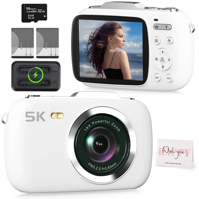 Main image of Digital Camera, FHD 1080P Point and Shoot Camera White with 32GB Card, Filters 16X Zoom Anti-Shake Date Stamp, Compact Small Camera Christmas Birthday Gift for Boys Girls Starters