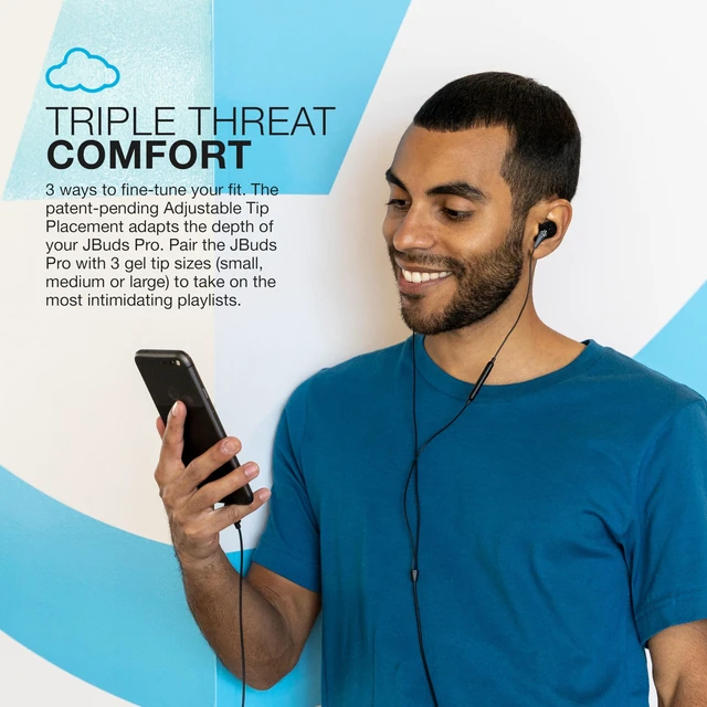 Alt view image 2 of 4 - JBuds Pro Signature Wired Earbuds, USB-C Connection, Music Controls, Universal Mic, Custom Fit with Cush Fins, Black