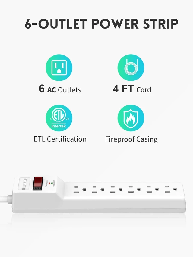 Alt view image 2 of 7 - 2 Pack Power Strip Surge Protector 4 FT, 6-Outlet, 980 Joules, Flat Plug, Wall Mountable for Home Office Garage, ETL Listed, White