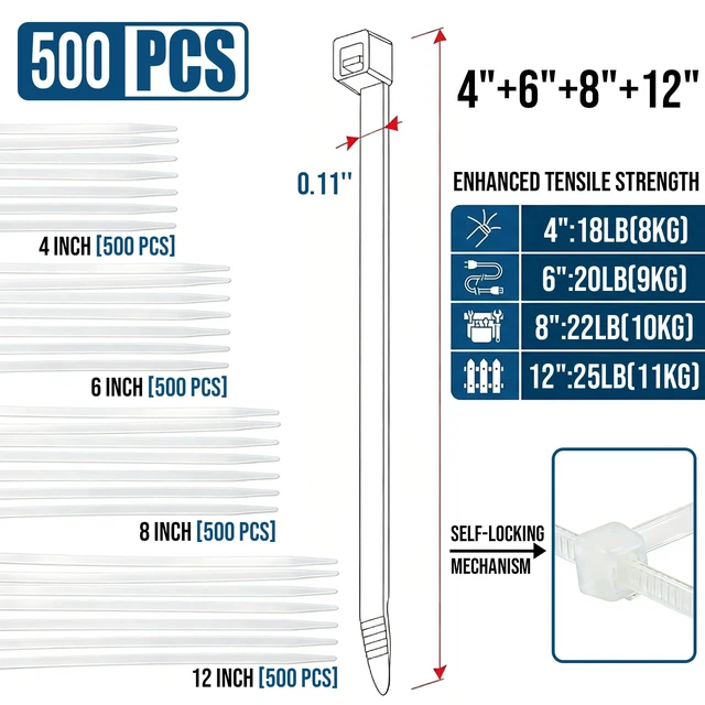 Alt view image 2 of 7 - 2000 Pack Zip Ties Clear Assorted Sizes 4+6+8+12 Inch Cable ties Small White Cable Ties Standard Nylon Wire Ties Assorted Pack for Home, Garden, Garage and Outdoor Cable Management