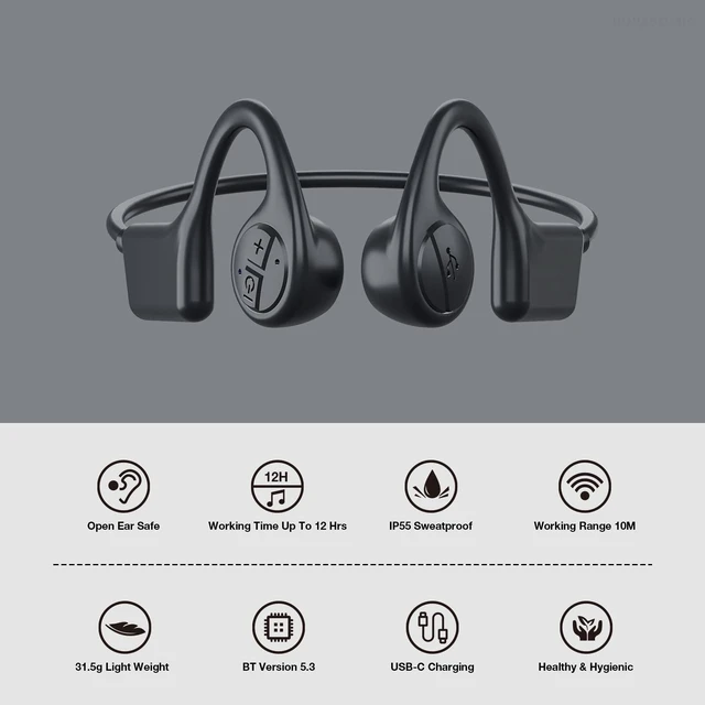 Alt view image 7 of 7 - Bone Conduction Headphones, 12 Hours Playtime Bluetoeth 5.3 Headset Open Ear Wireless Earphone - IP55 Sweatproof Built-in Mic,Perfect for Running Cycling Hiking Workouts(Black)