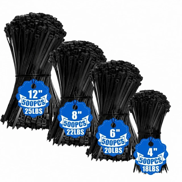 Main image of 2000 Pack Zip Ties Black Assorted Sizes 4+6+8+12 Inch Cable ties Small Cable Ties UV Resistant Self-Locking Wire Ties Assorted Pack for Home, Garden, Garage and Outdoor Cable Management