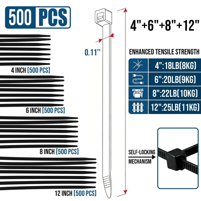 Alt view image 2 of 7 - 2000 Pack Zip Ties Black Assorted Sizes 4+6+8+12 Inch Cable ties Small Cable Ties UV Resistant Self-Locking Wire Ties Assorted Pack for Home, Garden, Garage and Outdoor Cable Management
