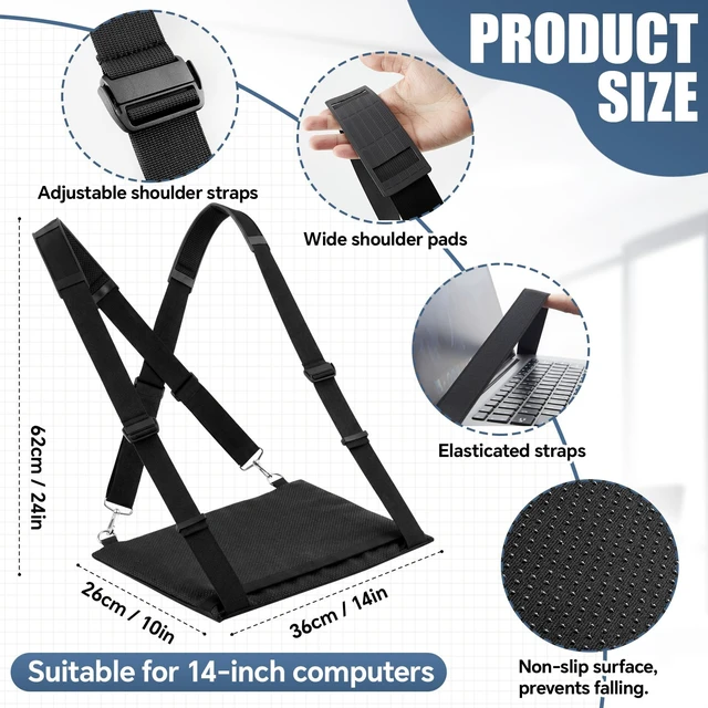 Alt view image 3 of 6 - Laptop Harness for Walking, up to 14 Inches Tablets Laptop Harness Wearable Desk, Anti-slip Upgraded, Black Laptop Stand with Safety Strap for E-readers Notebook Notepad