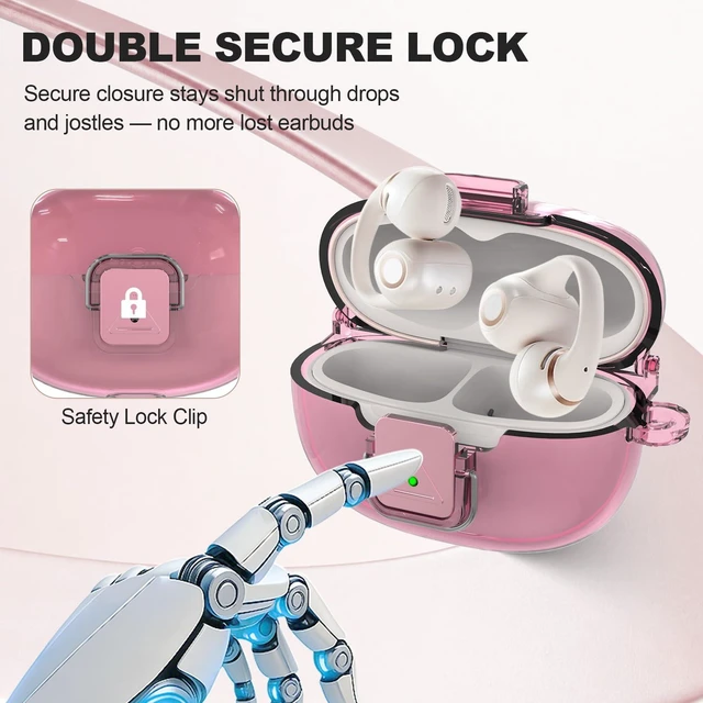 Alt view image 3 of 7 - for SHOKZ OpenDots 2 Case with Lock Clip, Clear Case for SHOKZ Open Dots ONE & Two Earbuds Accessories, Scratch Shock Resistant Protective Cover with Keychain & Cleaner Kit (Clear Pink)