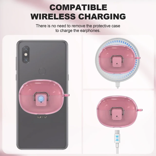 Alt view image 6 of 7 - for SHOKZ OpenDots 2 Case with Lock Clip, Clear Case for SHOKZ Open Dots ONE & Two Earbuds Accessories, Scratch Shock Resistant Protective Cover with Keychain & Cleaner Kit (Clear Pink)