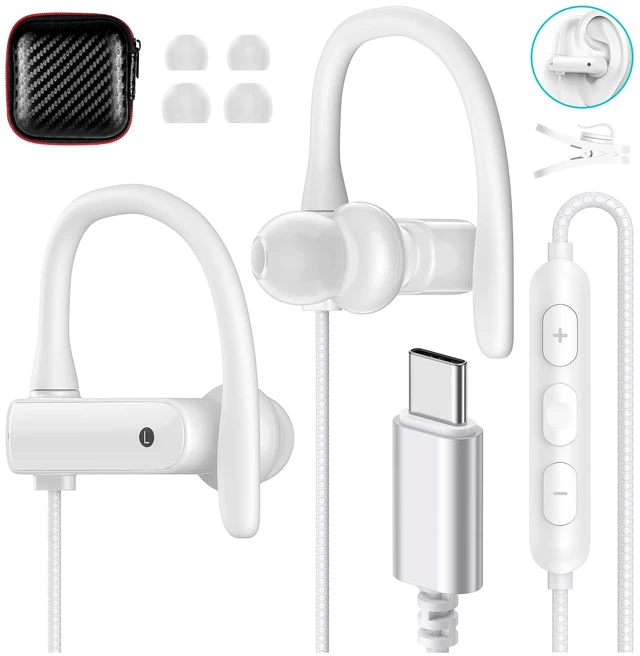 Main image of USB C Headphones Over Ear Hook for iPhone 17 16 15 18 Pro Max Duo Plus Wrap Around Ear Bud with Mic Type C Earphone Running Sport Wired Earbuds for Samsung S26 S25 S24 Ultra S23 S22/Pixel 11 White
