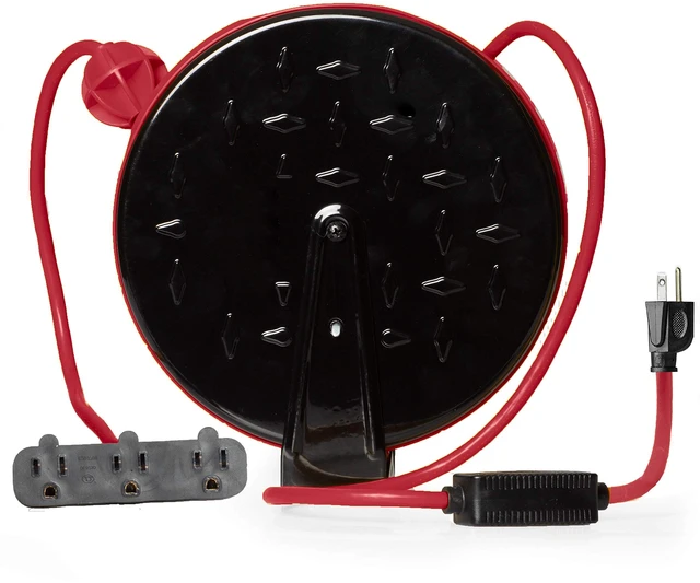 Main image of Extension Cord Reel, 30 Ft, 3 Outlets - Red 16/3 Cable, Retractable Reel, 3 Grounded Outlets, Red - For Garage, Shop & Job Sites