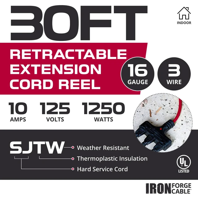Alt view image 3 of 7 - Extension Cord Reel, 30 Ft, 3 Outlets - Red 16/3 Cable, Retractable Reel, 3 Grounded Outlets, Red - For Garage, Shop & Job Sites