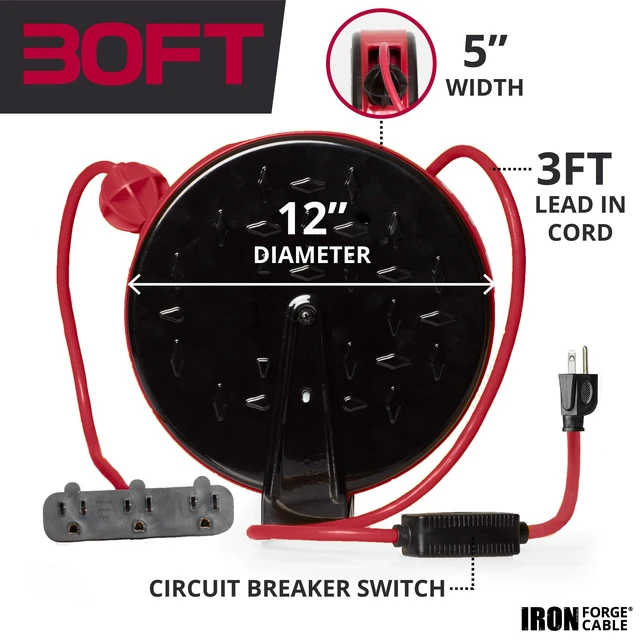 Alt view image 4 of 7 - Extension Cord Reel, 30 Ft, 3 Outlets - Red 16/3 Cable, Retractable Reel, 3 Grounded Outlets, Red - For Garage, Shop & Job Sites