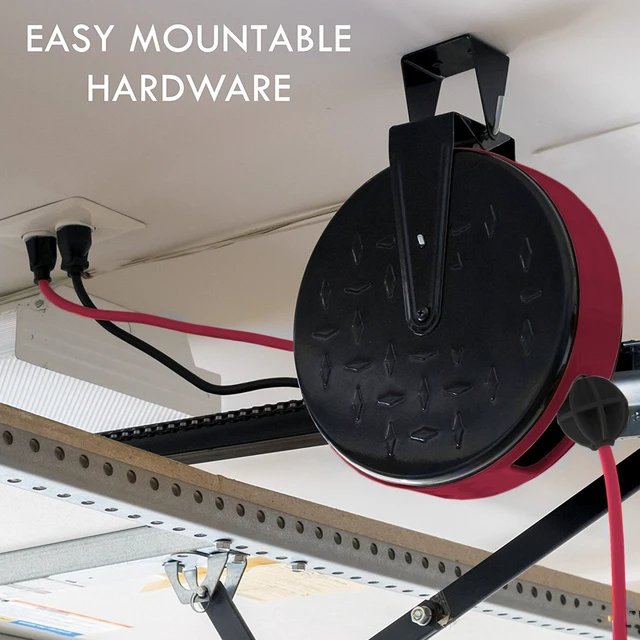 Alt view image 5 of 7 - Extension Cord Reel, 30 Ft, 3 Outlets - Red 16/3 Cable, Retractable Reel, 3 Grounded Outlets, Red - For Garage, Shop & Job Sites