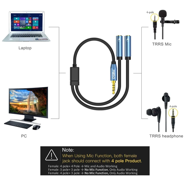 Alt view image 4 of 7 - Headset Splitter for 2 TRRS Headphone or Mic 3 FT 3.5mm Jack Adapter Sapphire Blue, Metal Shell, 3.5mm Jack Adapter TRRS 4-Pole Headphone Splitter Male to 2 Female Adapter for Smartphone, Laptop