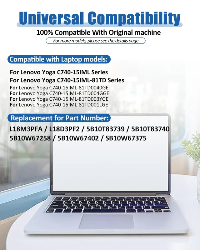 Alt view image 3 of 7 - L18M3PFA L18D3PF2 Battery for Lenovo Yoga C740-15IML C740-15 for C740-15IML-81TD 81TD0040GE 81TD003YGE 81TD004GGE Series Notebook 5B10T83740 5B10W67258- 60.3Wh 3-Cell