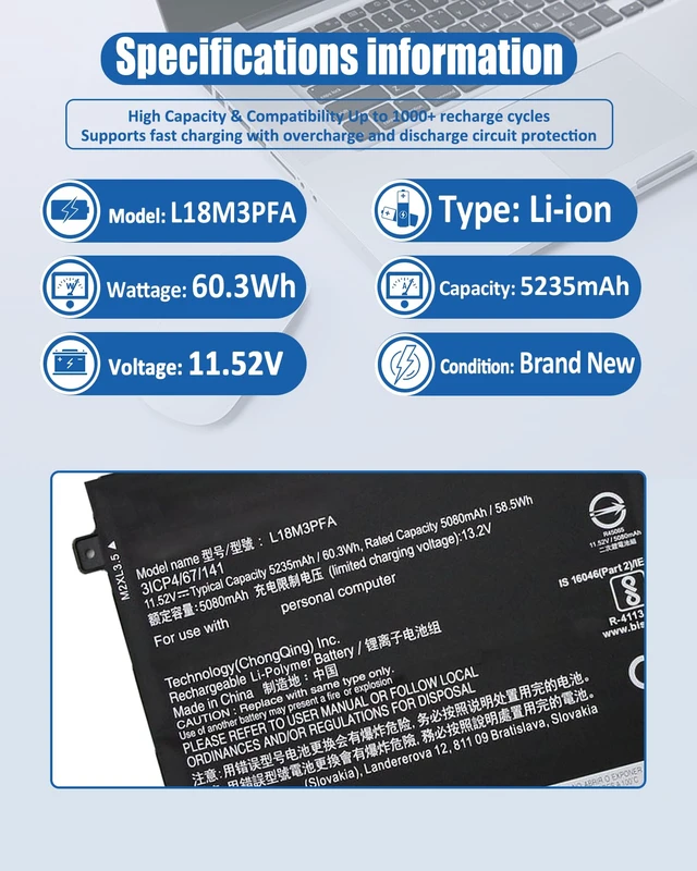 Alt view image 4 of 7 - L18M3PFA L18D3PF2 Battery for Lenovo Yoga C740-15IML C740-15 for C740-15IML-81TD 81TD0040GE 81TD003YGE 81TD004GGE Series Notebook 5B10T83740 5B10W67258- 60.3Wh 3-Cell