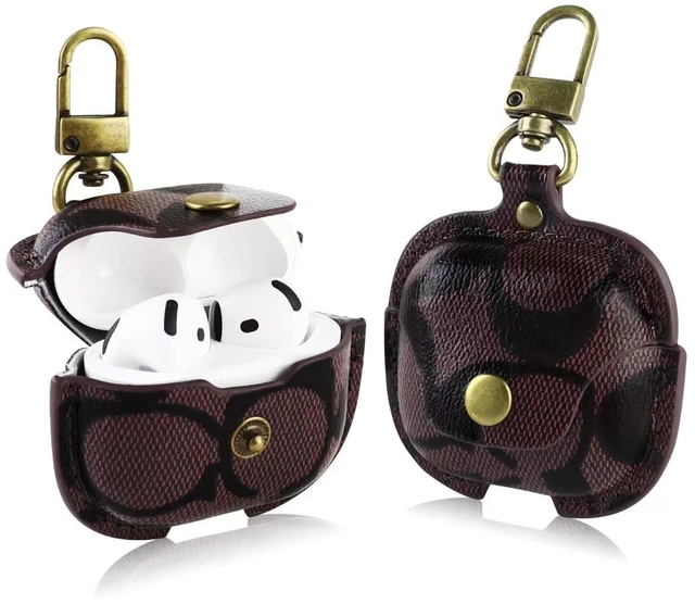 Main image of Retro Leather Case for AirPods 4 with Stylish Metal Key Clip (B) Vintage Print Design Fits AirPods 4 with ANC Snap Closure Precise Cutouts Drop Protection