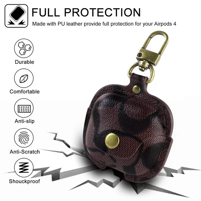Alt view image 3 of 6 - Retro Leather Case for AirPods 4 with Stylish Metal Key Clip (B) Vintage Print Design Fits AirPods 4 with ANC Snap Closure Precise Cutouts Drop Protection
