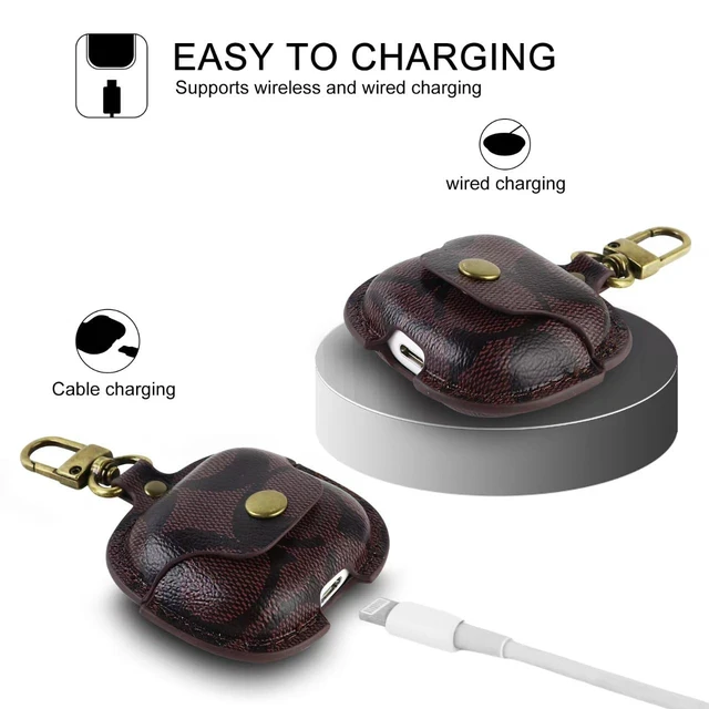 Alt view image 4 of 6 - Retro Leather Case for AirPods 4 with Stylish Metal Key Clip (B) Vintage Print Design Fits AirPods 4 with ANC Snap Closure Precise Cutouts Drop Protection