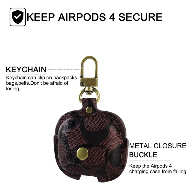 Alt view image 5 of 6 - Retro Leather Case for AirPods 4 with Stylish Metal Key Clip (B) Vintage Print Design Fits AirPods 4 with ANC Snap Closure Precise Cutouts Drop Protection