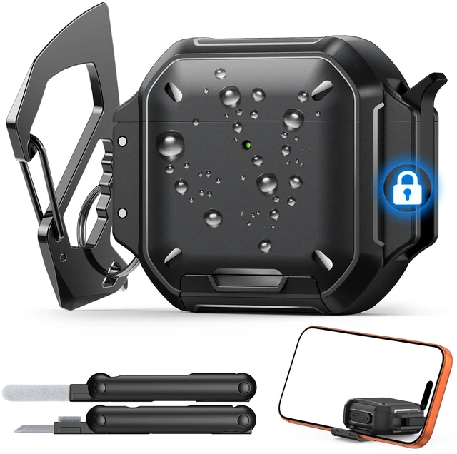 Main image of for AirPods 4 / AirPods 5 Case Cover with Lock, Waterproof, Black Secure Lock, IP68 Waterproof, MilitaryGrade Shockproof, Keychain, Phone Stand, Cleaner Kit