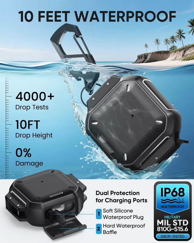 Alt view image 3 of 7 - for AirPods 4 / AirPods 5 Case Cover with Lock, Waterproof, Black Secure Lock, IP68 Waterproof, MilitaryGrade Shockproof, Keychain, Phone Stand, Cleaner Kit