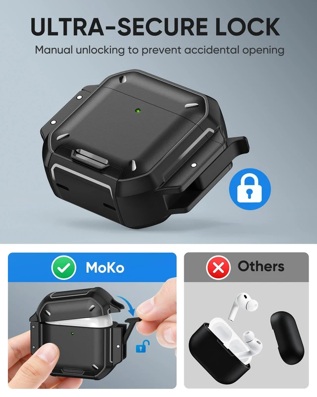 Alt view image 4 of 7 - for AirPods 4 / AirPods 5 Case Cover with Lock, Waterproof, Black Secure Lock, IP68 Waterproof, MilitaryGrade Shockproof, Keychain, Phone Stand, Cleaner Kit