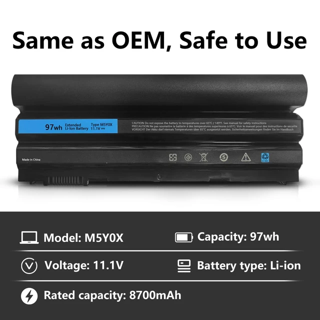 Alt view image 4 of 7 - 97Wh M5Y0X 9-Cell Laptop Battery for Dell Latitude E6420 E6430 E6440 E6520 E6530 E6540 E5420 E5430 E5520 E5530 Inspiron 4420 5420 5425 7420 7520 N4420 N4720 N5420 M421R M521R 2P2MJ NHXVW 71R31