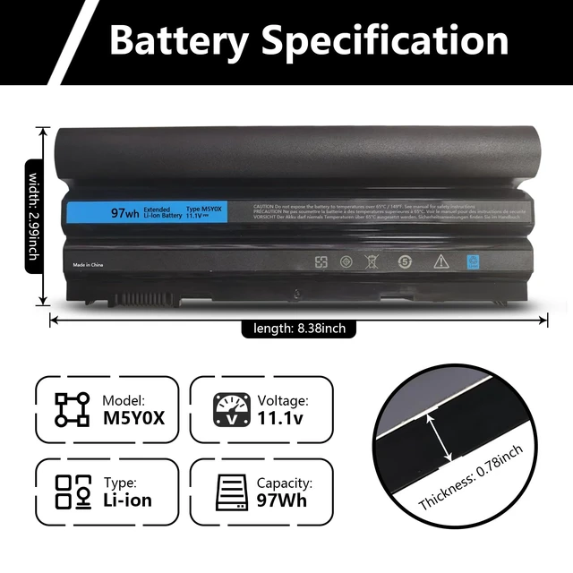 Alt view image 7 of 7 - 97Wh M5Y0X 9-Cell Laptop Battery for Dell Latitude E6420 E6430 E6440 E6520 E6530 E6540 E5420 E5430 E5520 E5530 Inspiron 4420 5420 5425 7420 7520 N4420 N4720 N5420 M421R M521R 2P2MJ NHXVW 71R31