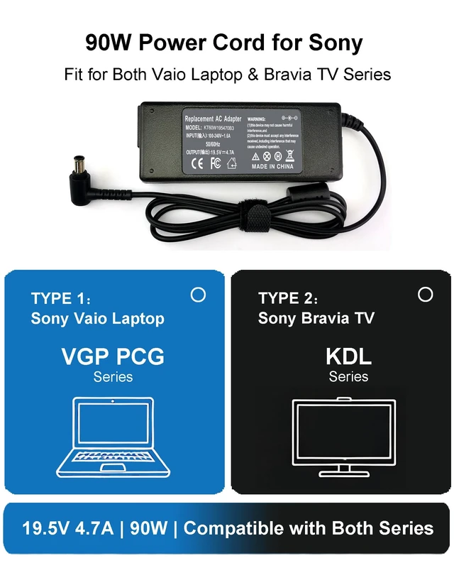 Alt view image 2 of 7 - 90W 19.5V 4.7A Laptop Charger for Sony Vaio VGP PCG & Bravia TV KDL Series 19.5V Power Cord with Bravia TV KDL Series KDL-32W600D KDL-40W650D KDL-40R510C KDL-48R510C KDL-48W600B KDL-40W600B