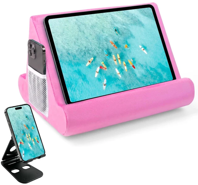 Main image of 2pcs Multi-Angle Tablet Holder Cushion Stand with Net Pocket & Black Color Phone Stands Upgraded Tablet Pad Support for Phone,Pad,Books (Pink)