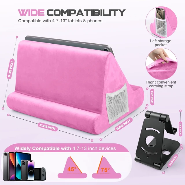 Alt view image 2 of 7 - 2pcs Multi-Angle Tablet Holder Cushion Stand with Net Pocket & Black Color Phone Stands Upgraded Tablet Pad Support for Phone,Pad,Books (Pink)